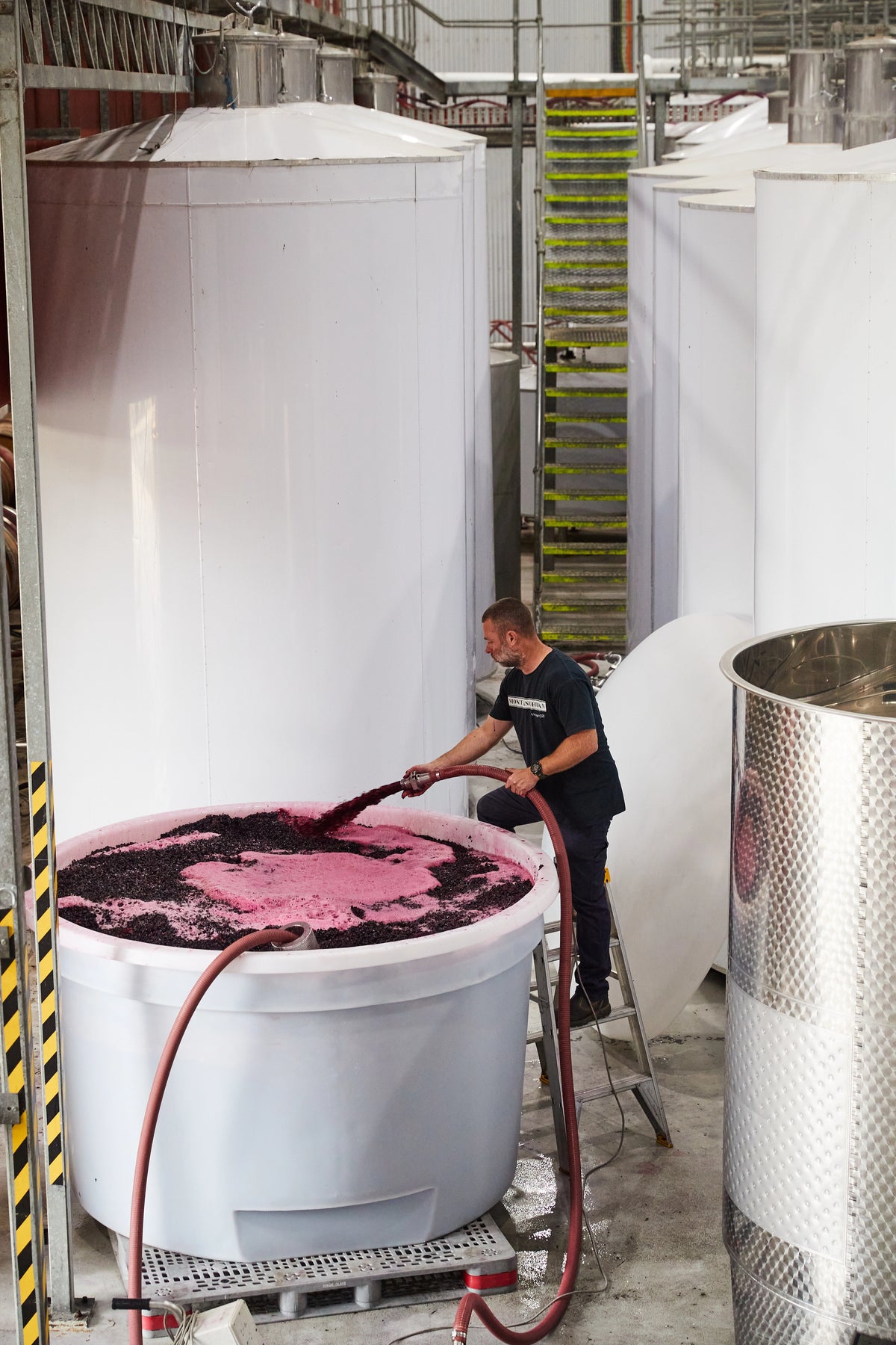 Elevated view of a winery worker pumping grape must into a fermentation tank