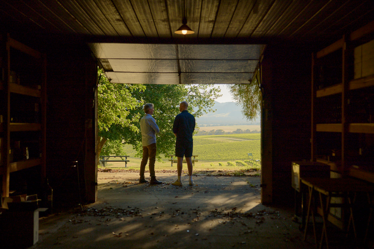 Two men standing in a barn doorway overlooking vineyard rows at sunset